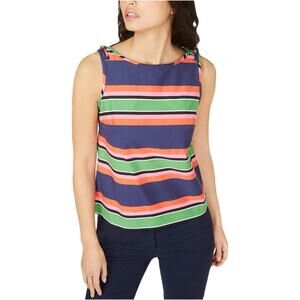 NWOT TRINA TURK Top S Poplin Strip Sleeveless Zip Multi Green Pink Cotton